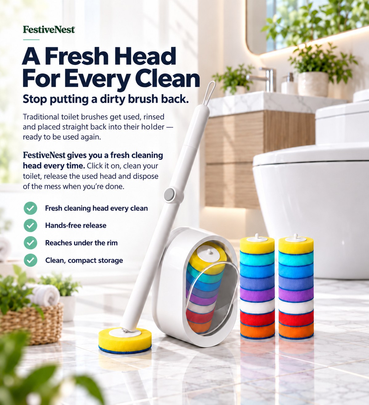 FestiveNest toilet cleaning kit with handle and refill heads