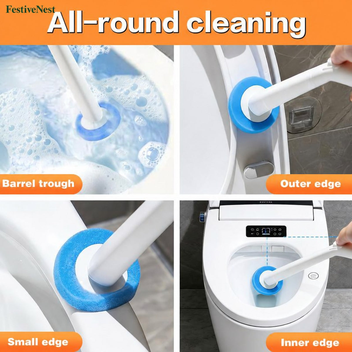 Reusable toilet-cleaning handle with an attached cleaning head