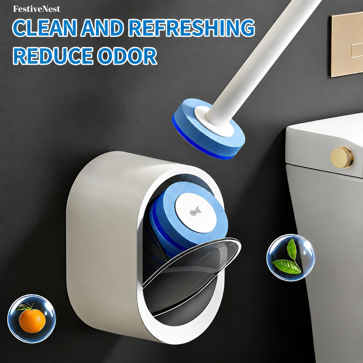 Cleaning head reaching under a toilet rim